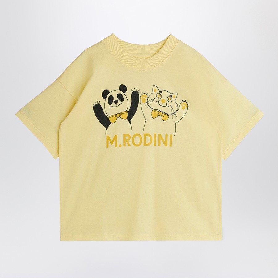 Mini Rodini T-shirt gialla chiara con stampa panda e gatto