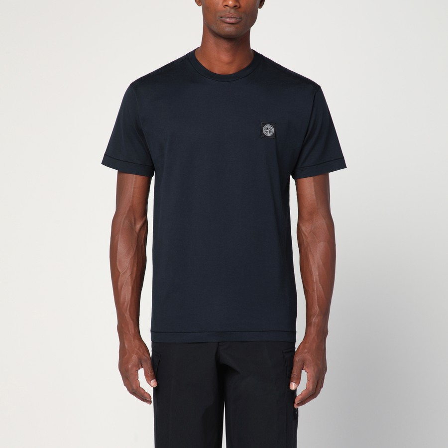 Tシャツ・カットソー STONE NAVY BLUE COTTON T-SHIRT WITH LOGO PATCH Stone Island Navy blue cotton T-shirt with logo patch