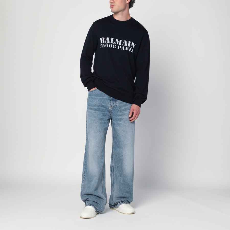 Tシャツ・カットソー BALMAIN Men Sweater FH1KD010KI87 6AJ Blue T-shirt with flocked Balmain Letter logo - Men | BALMAIN
