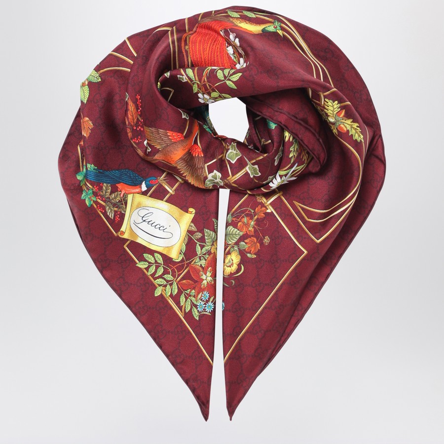 Foulard in seta bordeaux con stampa Flora