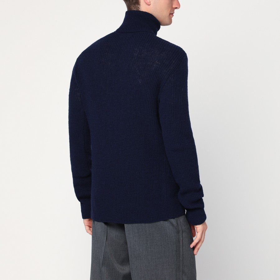 DRIES VAN NOTEN ウールシルク ボートネックニット-Blue/M DRIES VAN NOTEN シルク混 Vネック 薄手 ニット ネイビー M