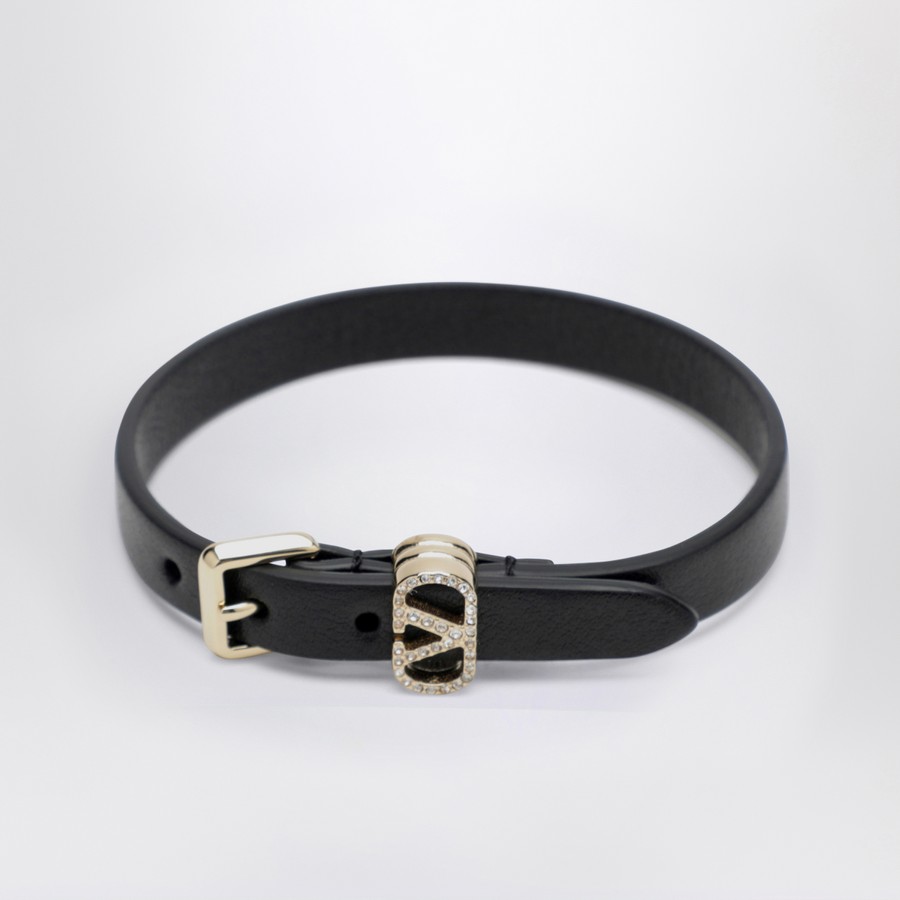 Valentino Garavani Ovalette black leather and crystal bracelet