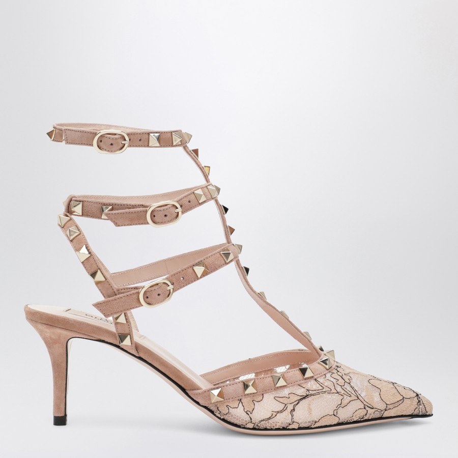 Valentino Garavani Escarpins Rockstud en dentelle rose clair