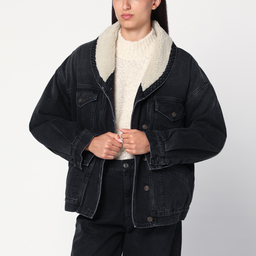 ブルゾン Isabel Marant Pimia Denim And Faux Fur Jacket ISABEL MARANT Black Pimia jacket in denim and faux fur