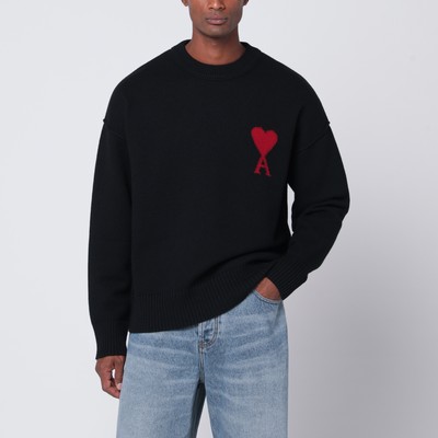 Ami Paris ニット ブラック AMI DE COEUR BLACK/RED Black Wool Ami De Coeur Crewneck Sweater | AMI PARIS