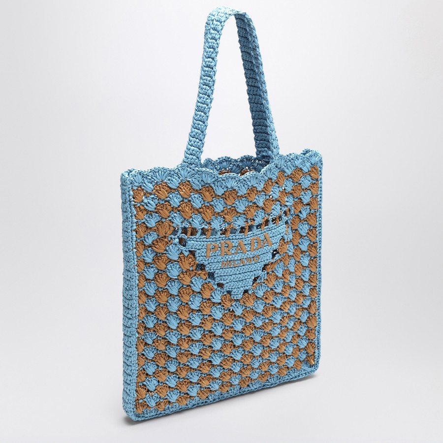 Prada Sky blue/caramel crochet tote bag with logo | TheDoubleF