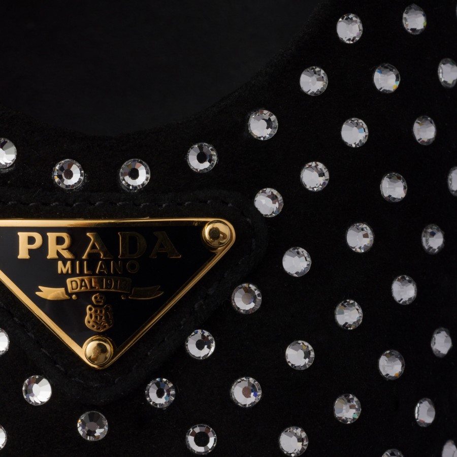 バレエシューズ PRADA BLACK VELVET RHINESTONE BALLERINA WITH LOGO TRIANGLE Prada Black velvet rhinestone ballerina with logo triangle