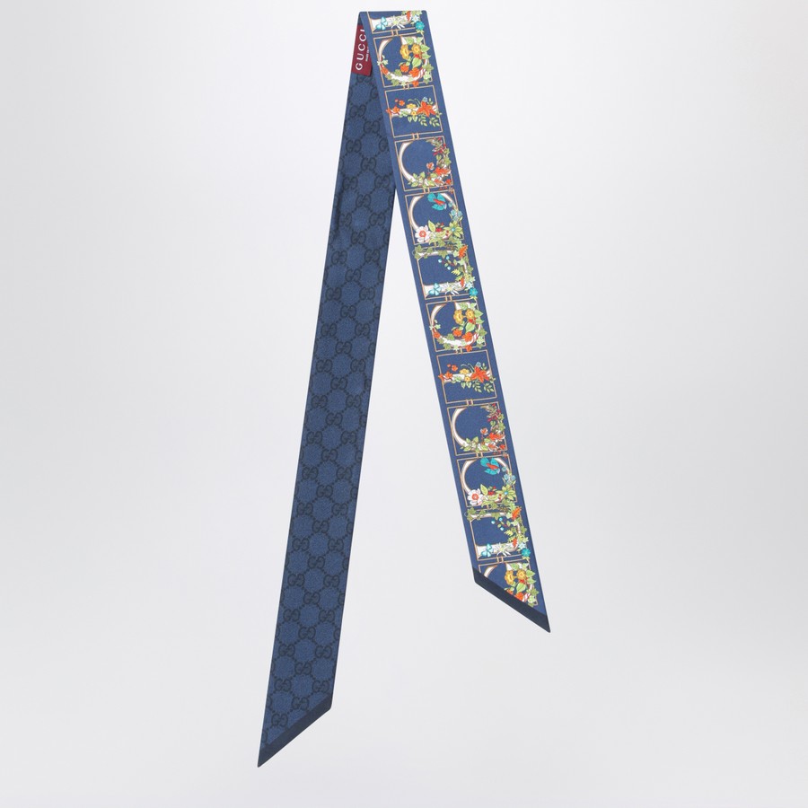 Foulard con stampa floreale blu in seta