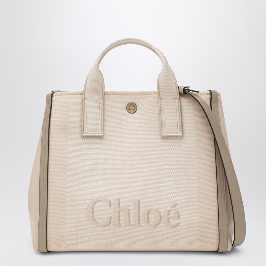 Chloé Carry tote bag in pink beige striped canvas TheDoubleF