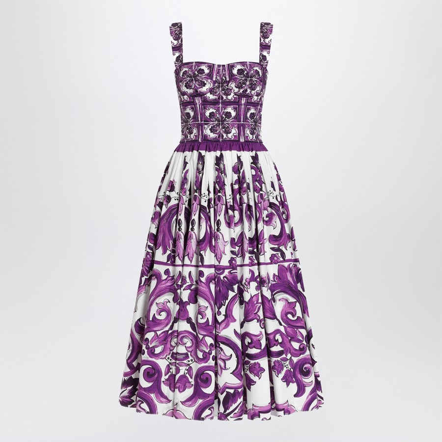ワンピース Dolce&Gabbana Dress With Purple Majolica Print In Cotton Pop DG Majolica cotton poplin dress in purple - Dolce Gabbana