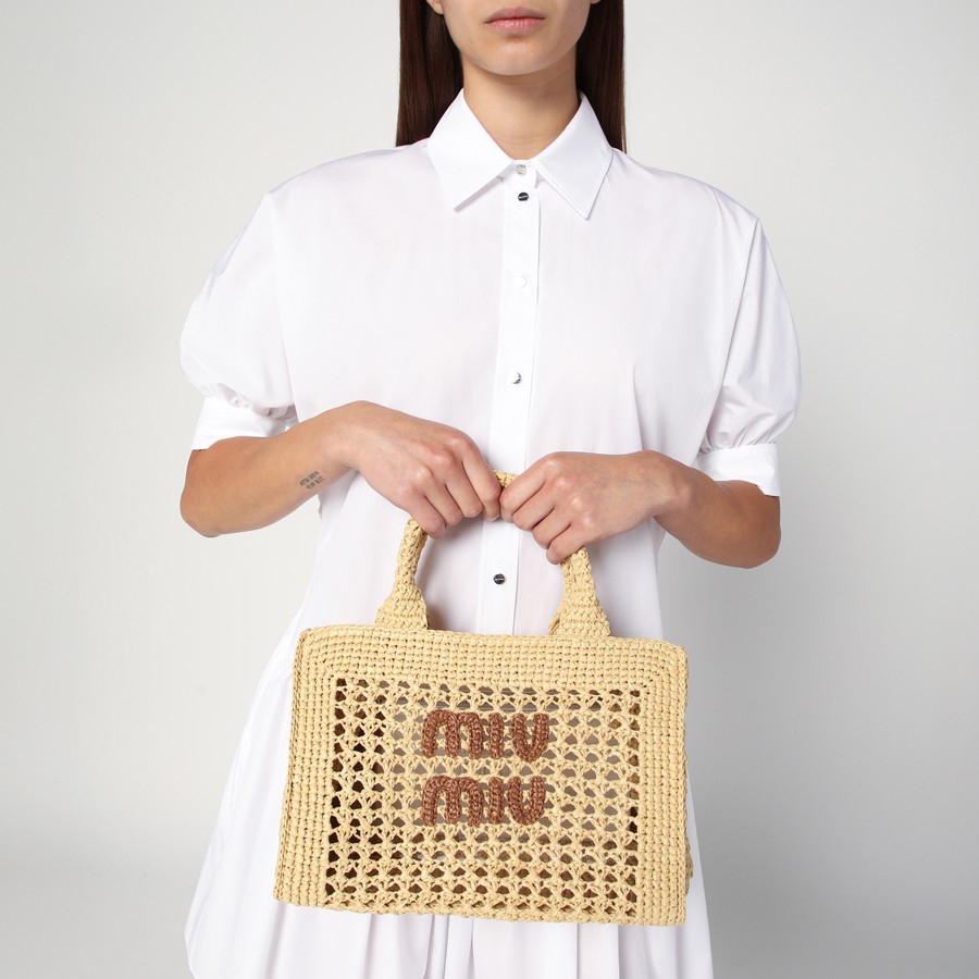 Miu Miu Handbag Beige/Cognac in raffia-effect yarn | TheDoubleF