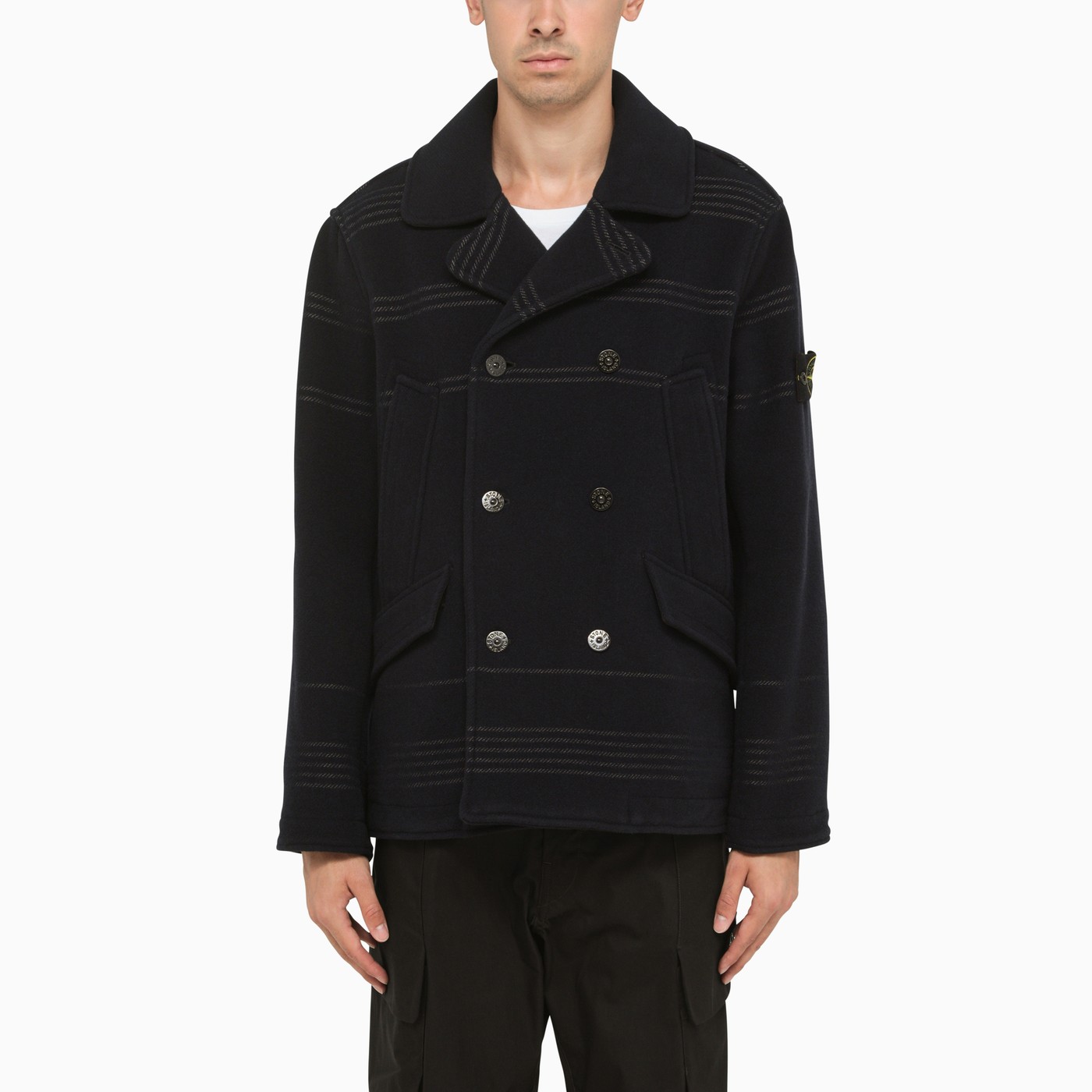 Stone Island Blue checked wool pea coat TheDoubleF