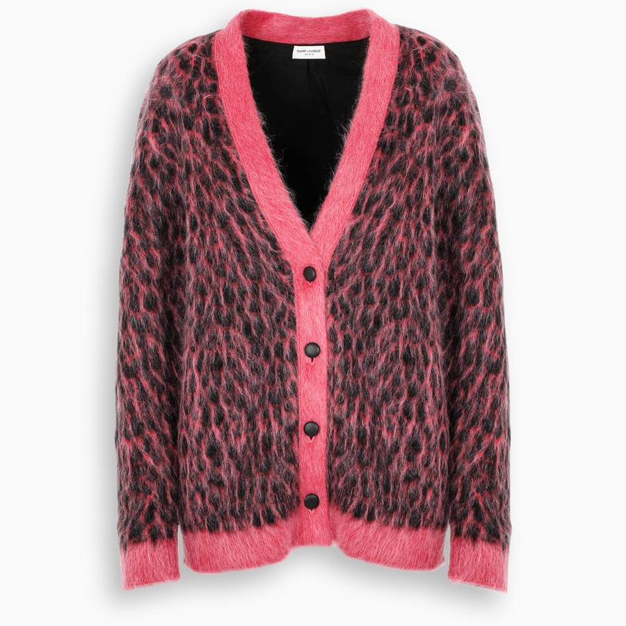 Saint Laurent Brushed Leopard-print Wool Cardigan In Pink