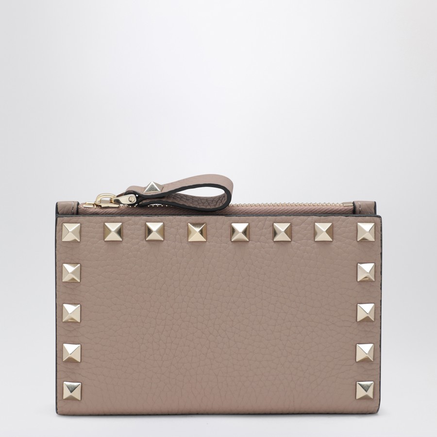 Valentino Garavani Powder Pink Leather Rockstud Zip Card Holder