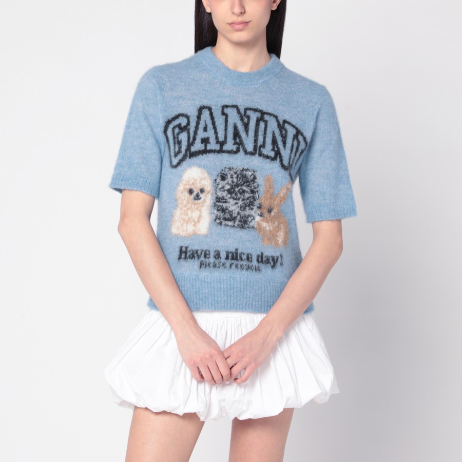 新作*GANNI* アルパカブレンドロゴ付きのライトブルーセーター GANNI Light blue sweater with alpaca blend logo | TheDoubleF