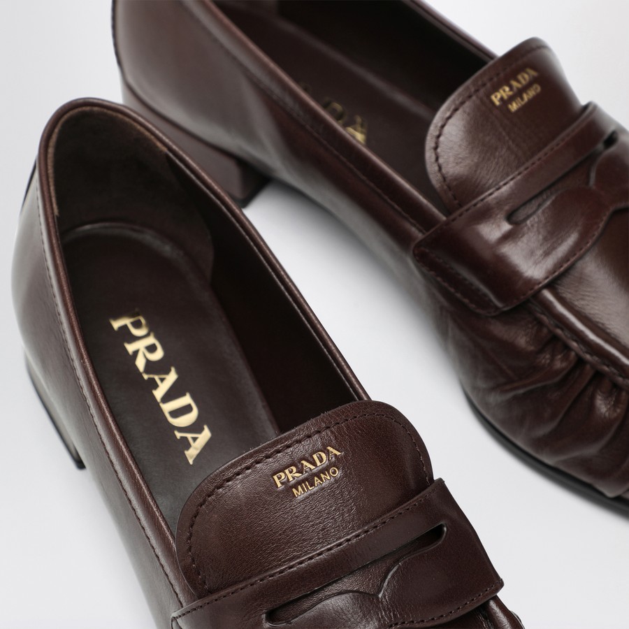 Prada Brown ruched loafers with logo | TheDoubleF