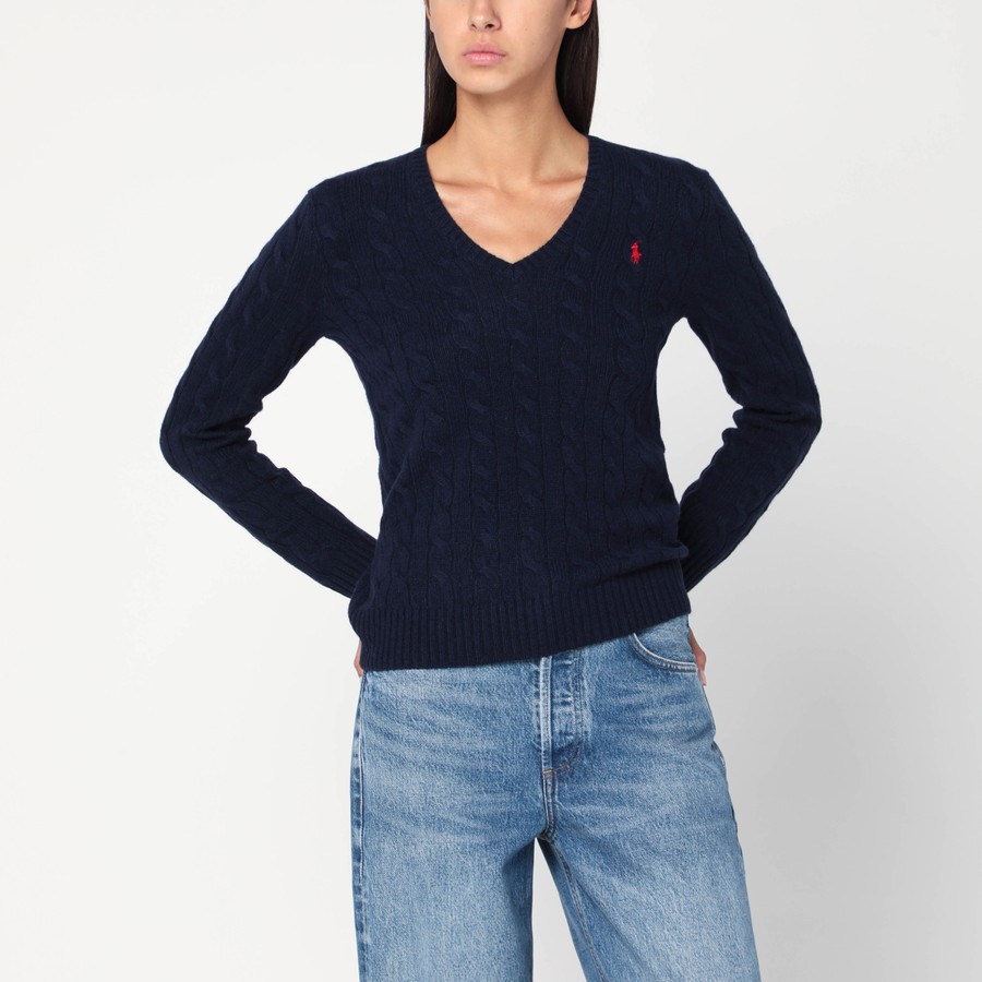 Polo Ralph Lauren Pull en laine et cachemire bleu à torsades