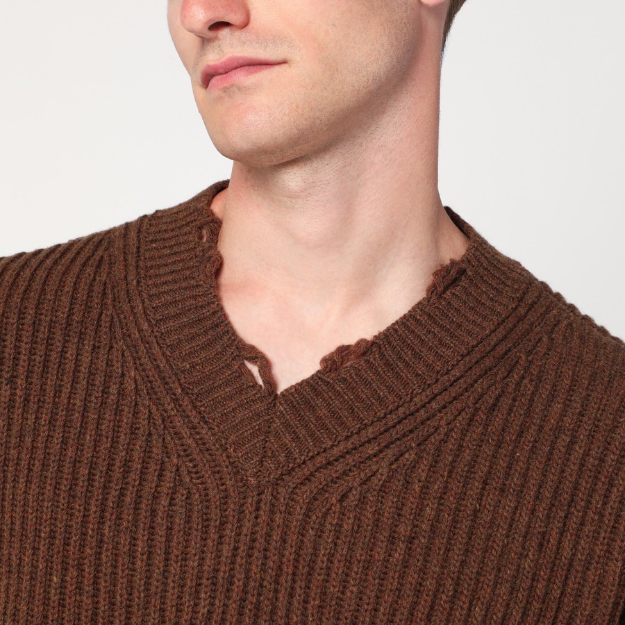 MM6 Maison Margiela Distressed brown wool-blend sweater | TheDoubleF