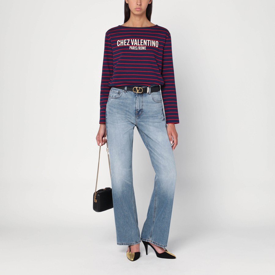 Tシャツ・カットソー VALENTINO STRIPED COTTON JERSEY T-SHIRT (7B3MG24W9GH BMZ) Valentino Blue T-shirt with red stripes by Valentino
