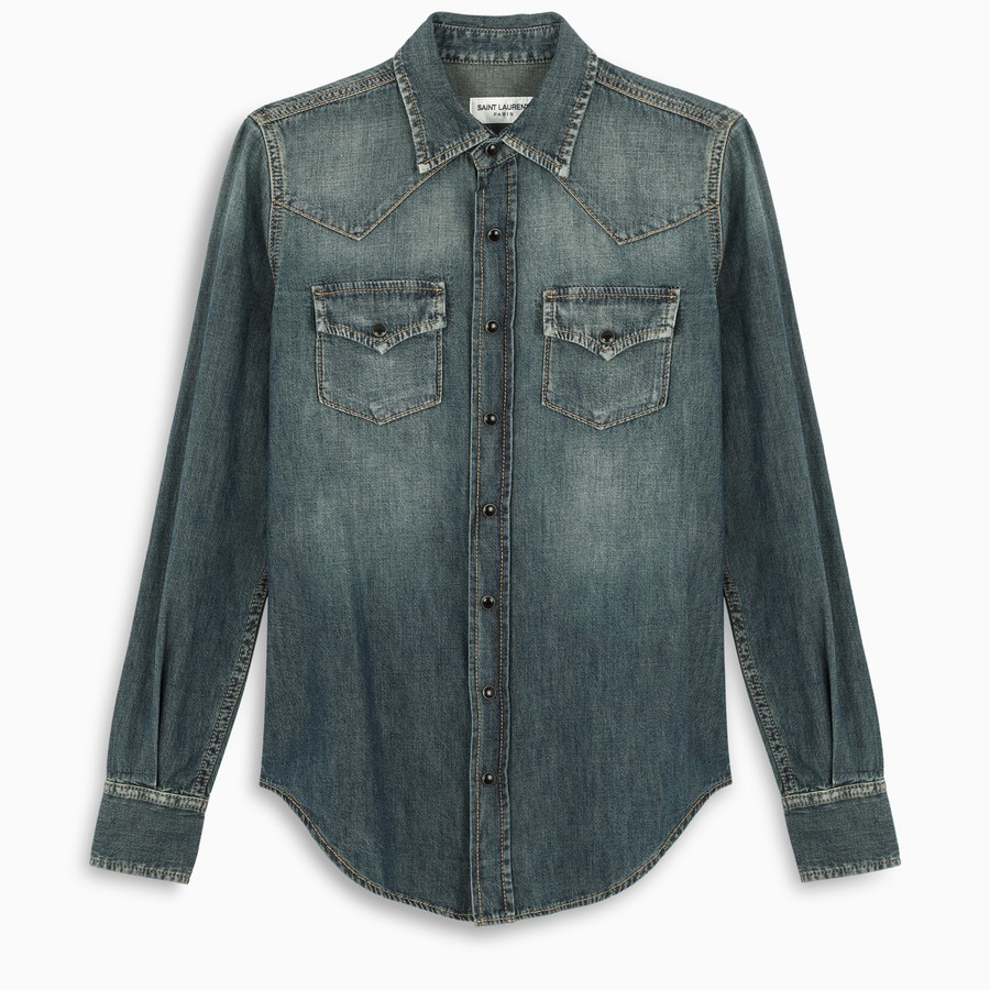 Saint Laurent Deep Washed-blue Press-stud Denim Shirt In Blue