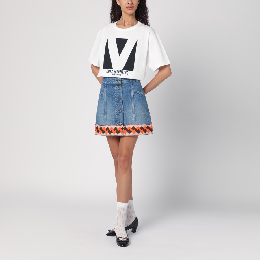 ミニスカート VALENTINO DENIM SKIRT WITH JACQUARD TRIM (6B3DD19Z94U 558) Valentino Denim mini skirt with jacquard trim | TheDoubleF