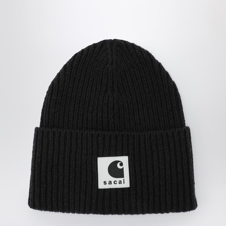 sacai carhartt 黒 ニット帽 ブラック ビーニー Sacai x Carhartt WIP Black beanie with logo patch | TheDoubleF