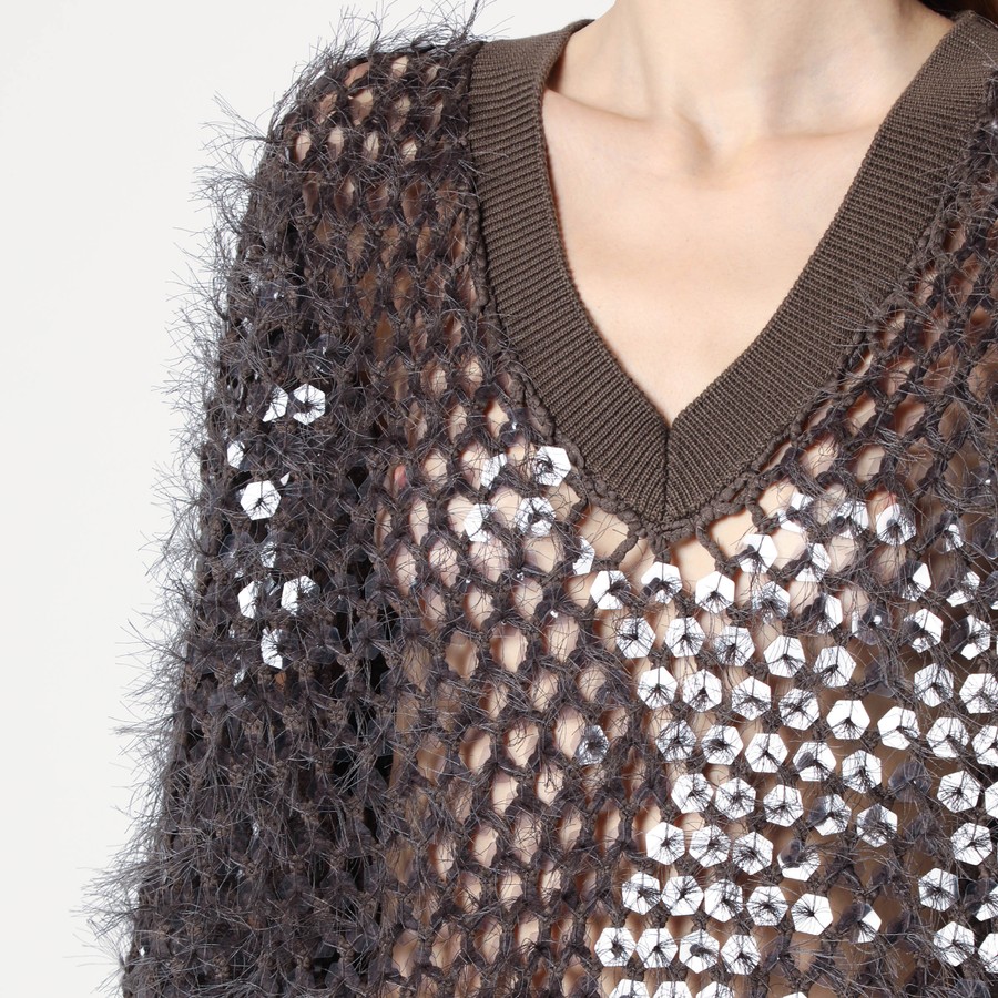 Brunello Cucinelli Chocolate mesh top with sequins | TheDoubleF