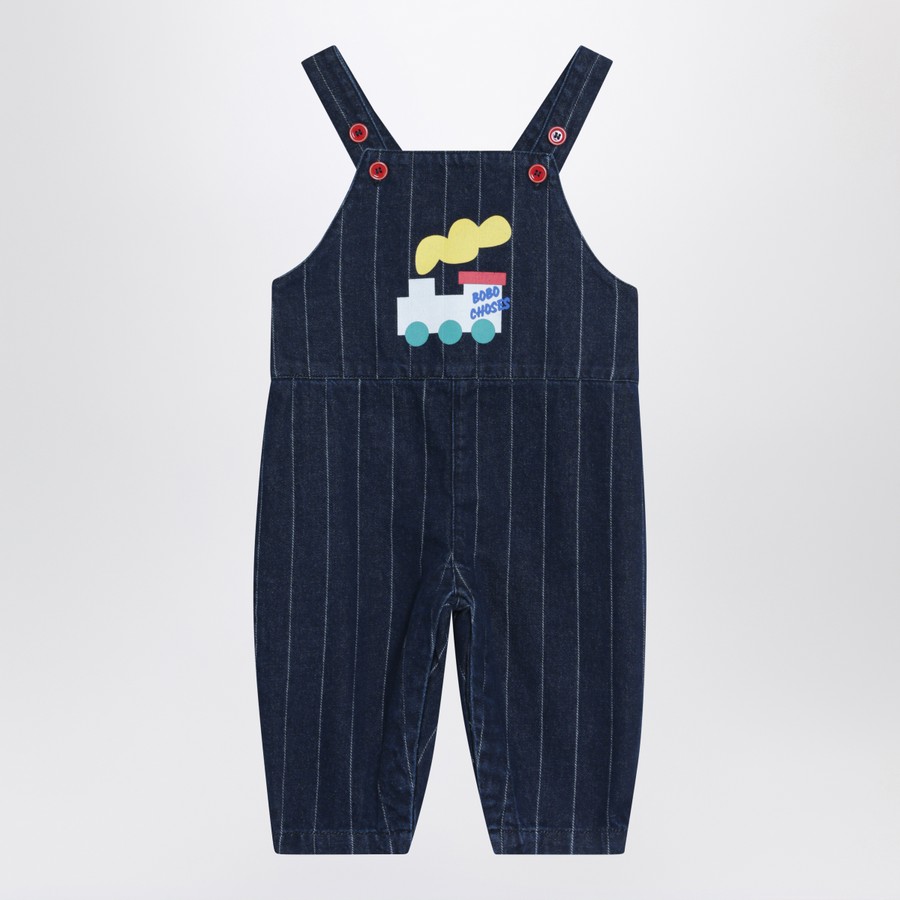 Bobo Choses Navy blue denim overalls with train | TheDoubleF
