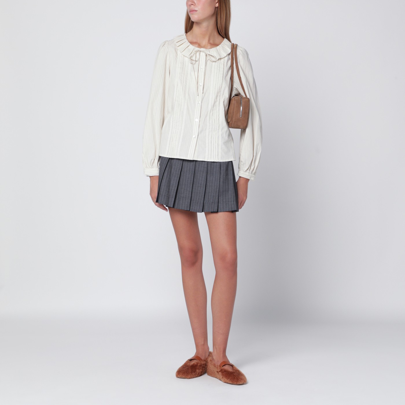 Dunst Light beige striped shirt with ruffles TheDoubleF