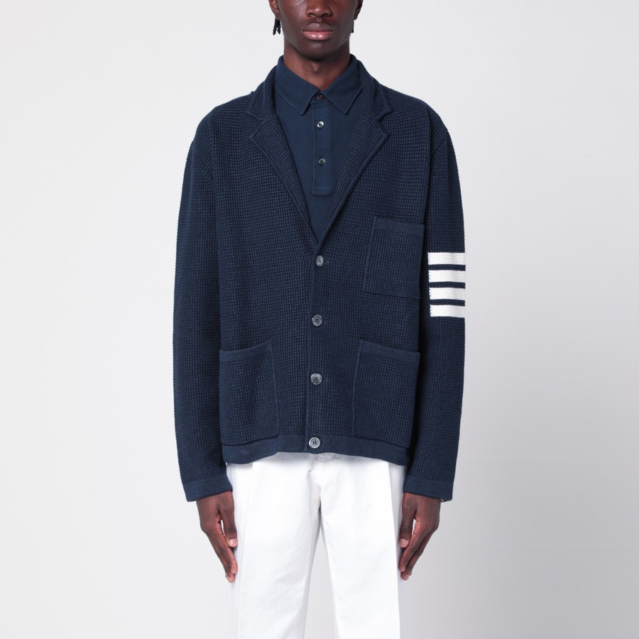 カーディガン THOM BROWNE Men Cardigan Blue MKJ134AY6011 420 Thom Browne Blue linen blend cardigan | TheDoubleF