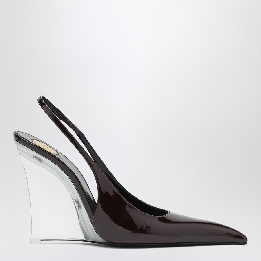 パンプス SAINT LAURENT BROWN SHINY LEATHER WEDGES Saint Laurent La Scandale Glossy Ankle-Strap Wedge Sandals