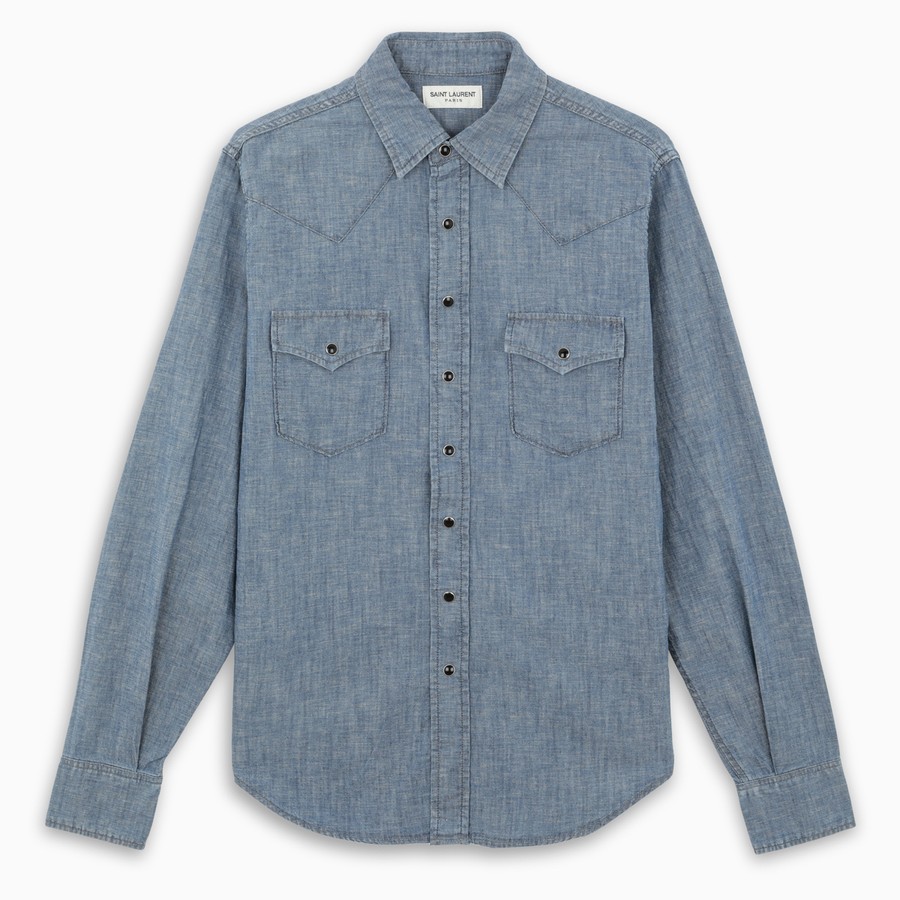Saint Laurent Classic Western Cotton Linen Denim Shirt In Light Blue
