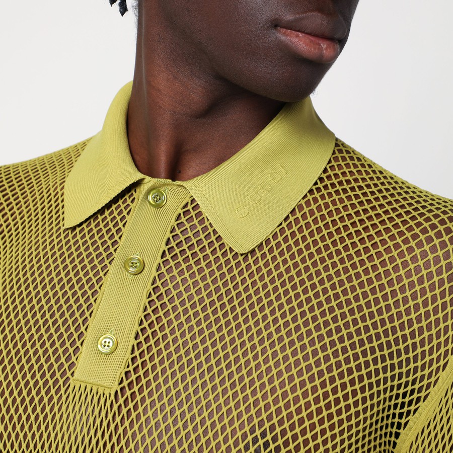 GUCCI Pistachio green perforated technical knit polo