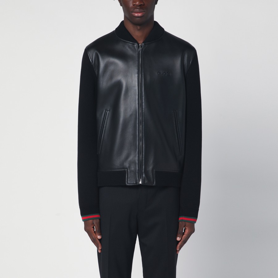GUCCI Black bomber in leather and knit | TheDoubleF