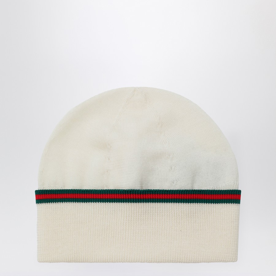 GUCCI Berretto bianco in lana con nastro Web TheDoubleF