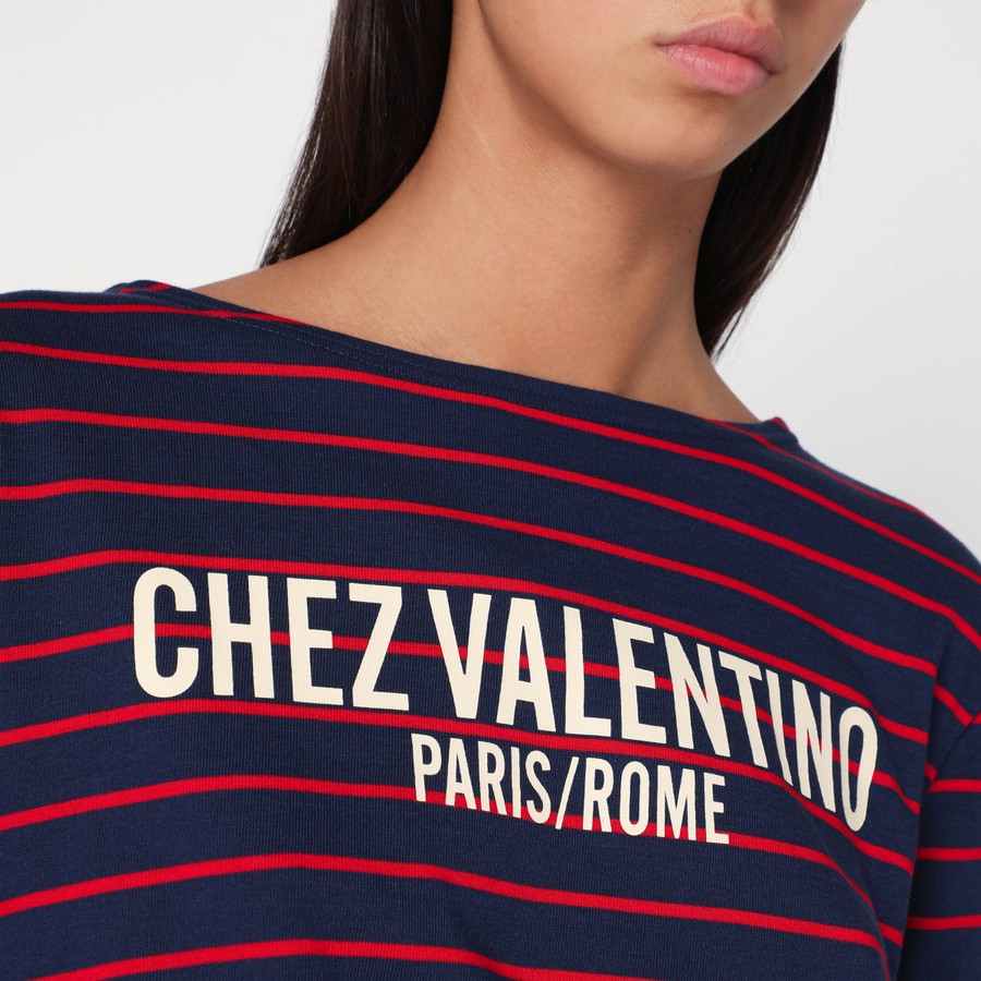 Tシャツ・カットソー VALENTINO STRIPED COTTON JERSEY T-SHIRT (7B3MG24W9GH BMZ) Valentino Blue T-shirt with red stripes by Valentino