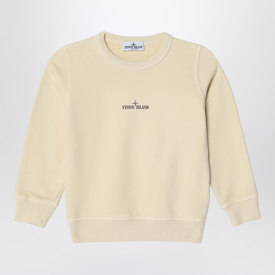 Felpa girocollo avorio in cotone con logo