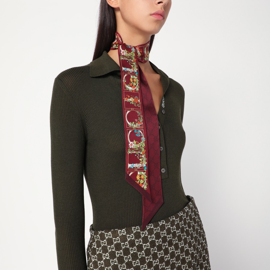 GUCCI Foulard con stampa floreale bordeaux in seta TheDoubleF