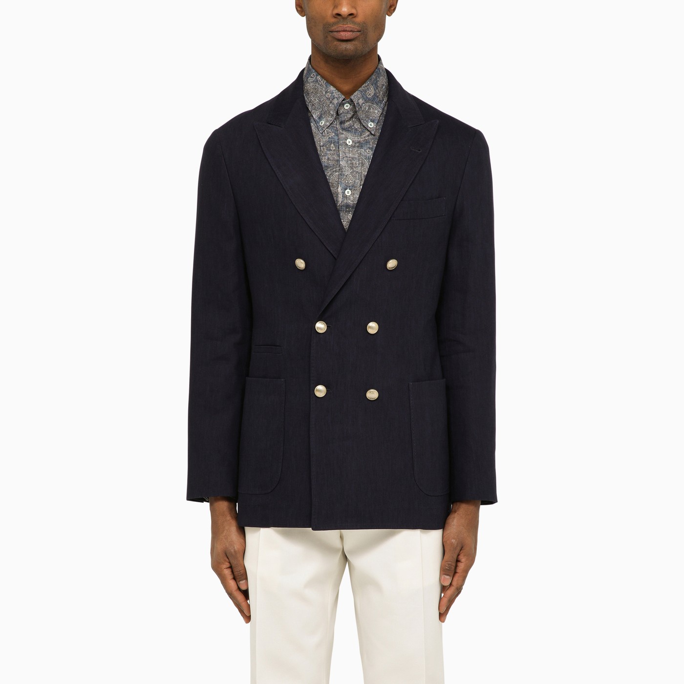 Brunello Cucinelli Navy blue doublebreasted jacket in linen and wool