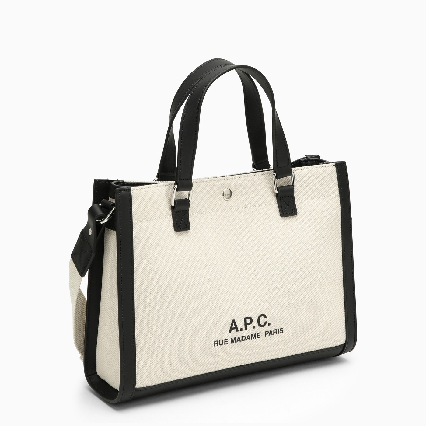 A.P.C. Camille 2.0 white/black cotton and linen tote shopper bag
