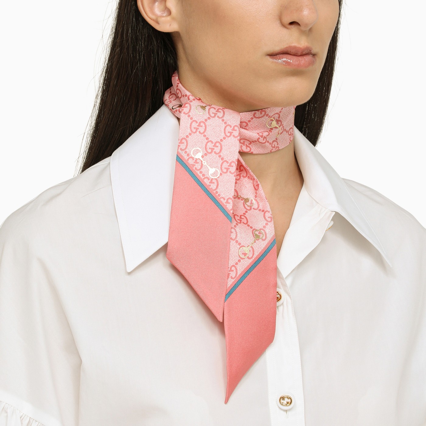 GUCCI GG Horsebit print foulard with pink edges TheDoubleF