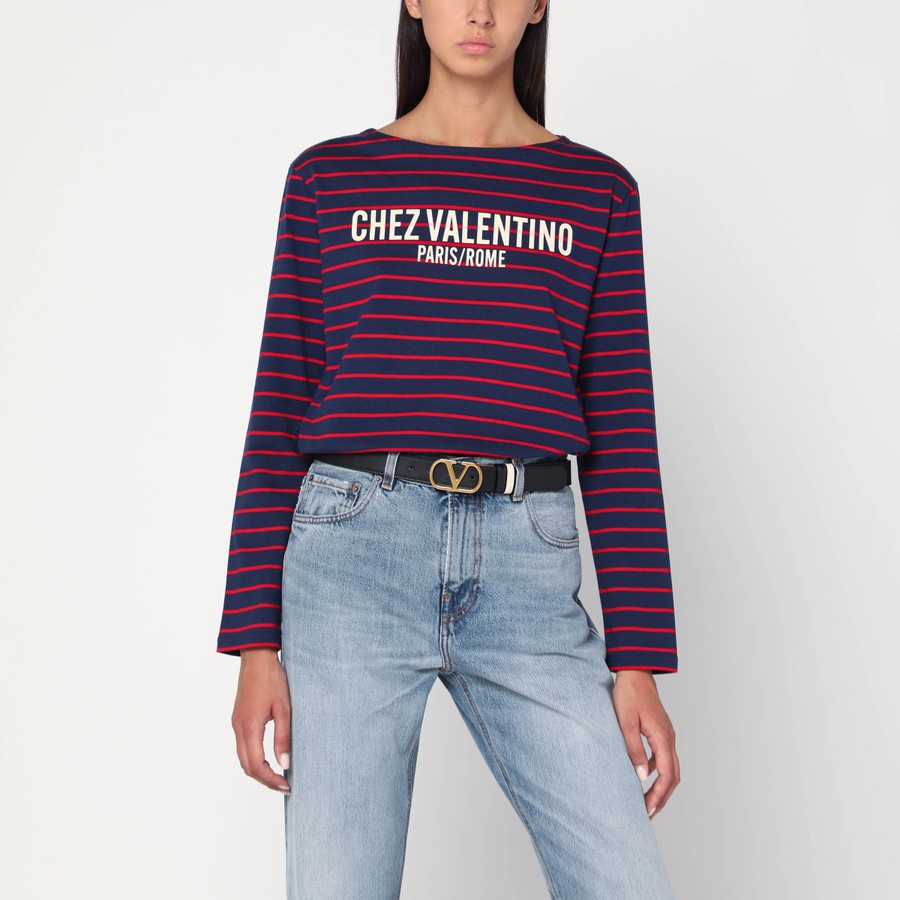 Tシャツ・カットソー VALENTINO STRIPED COTTON JERSEY T-SHIRT (7B3MG24W9GH BMZ) Valentino Blue T-shirt with red stripes by Valentino