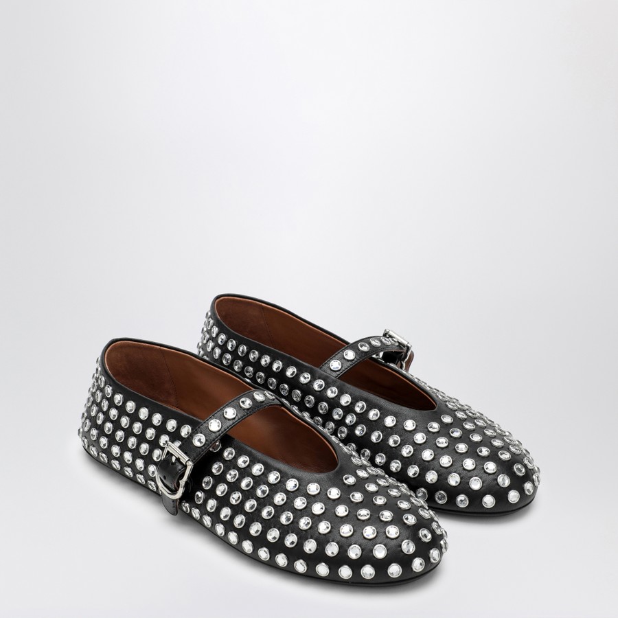 バレエシューズ ALAIA BLACK LEATHER BALLERINA WITH CRYSTALS Alaïa Black leather ballerina with crystals | TheDoubleF