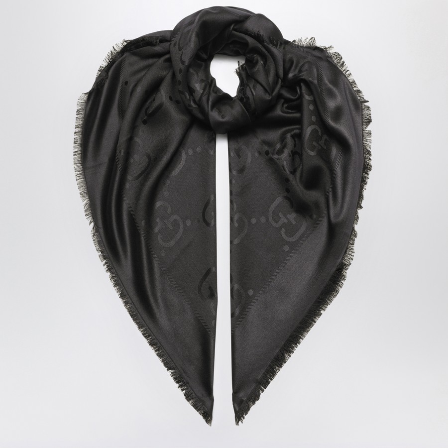 スカーフ GUCCI SCARF (6636713GC43 4068) GUCCI Black GG jacquard frayed scarf | TheDoubleF