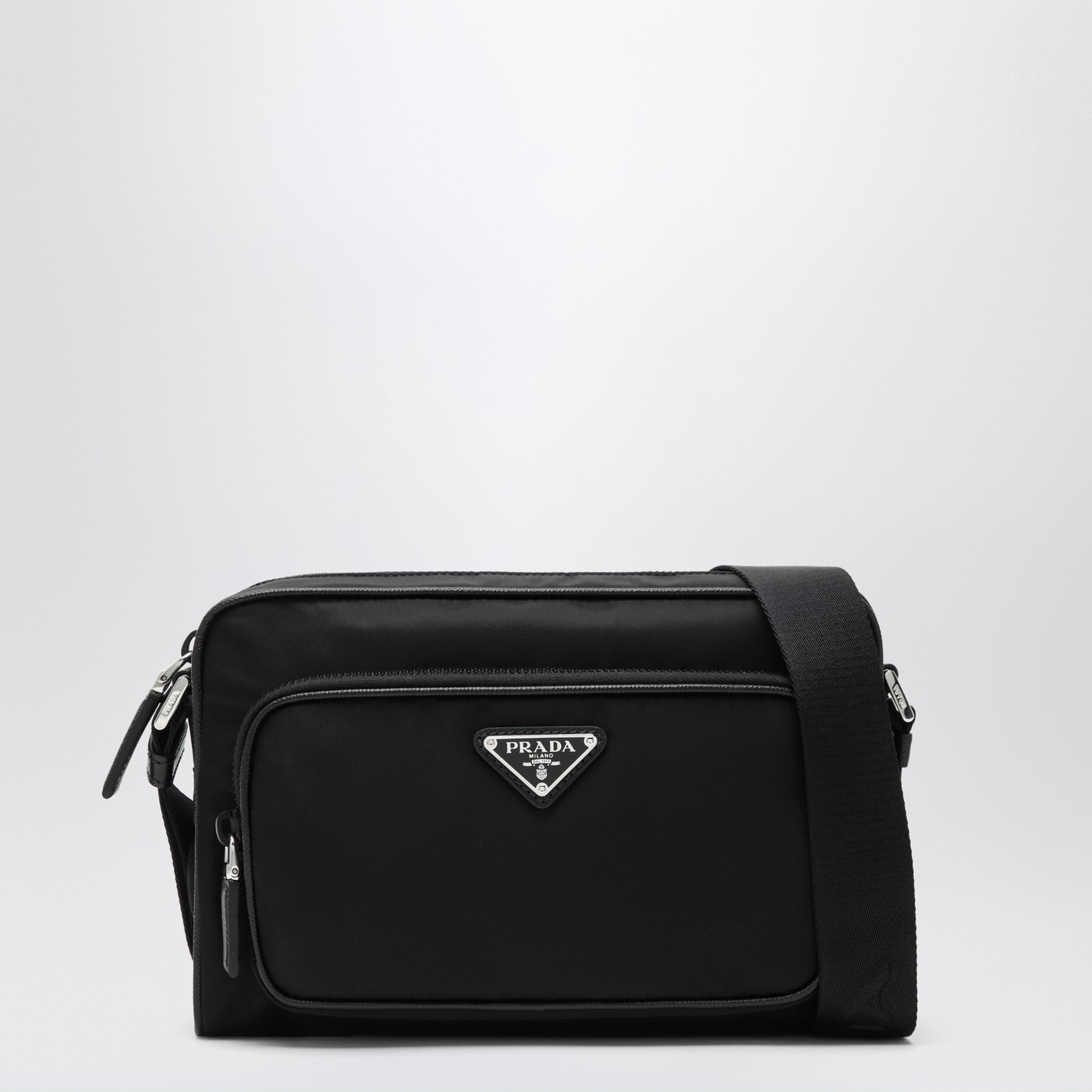 Prada Triangle Logo Embossed Side Zip Shoulder Bag Vitello