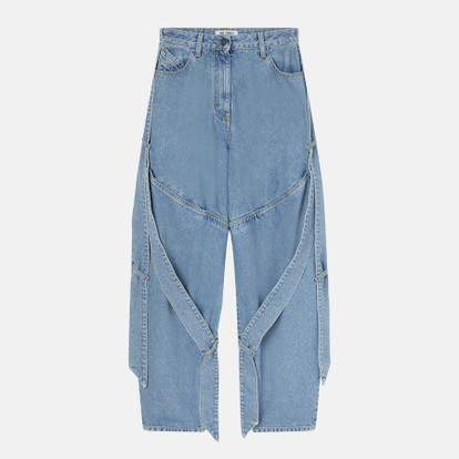 Wide light blue jeans with ribbons