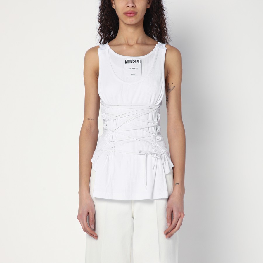 Tシャツ・カットソー MOSCHINO Women Tops A12060445 0001 WHITE Moschino White tank top in cotton with laces | TheDoubleF