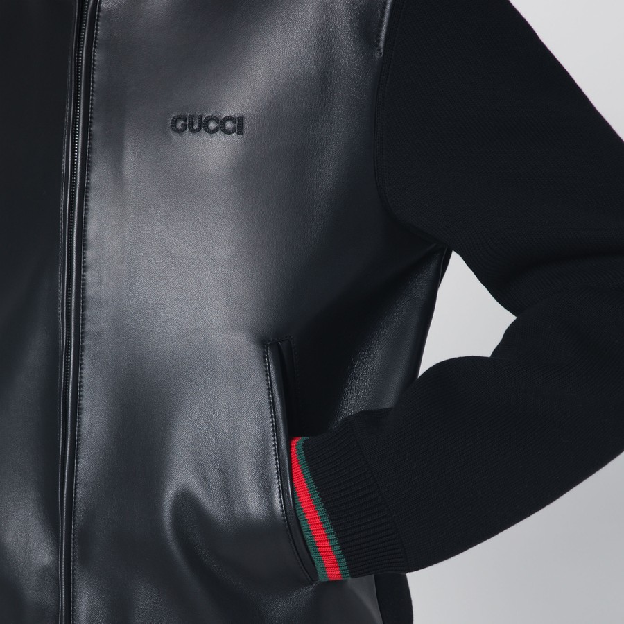 【GUCCI】BOMBER◆793181XNA29 GUCCI Black bomber in leather and knit | TheDoubleF