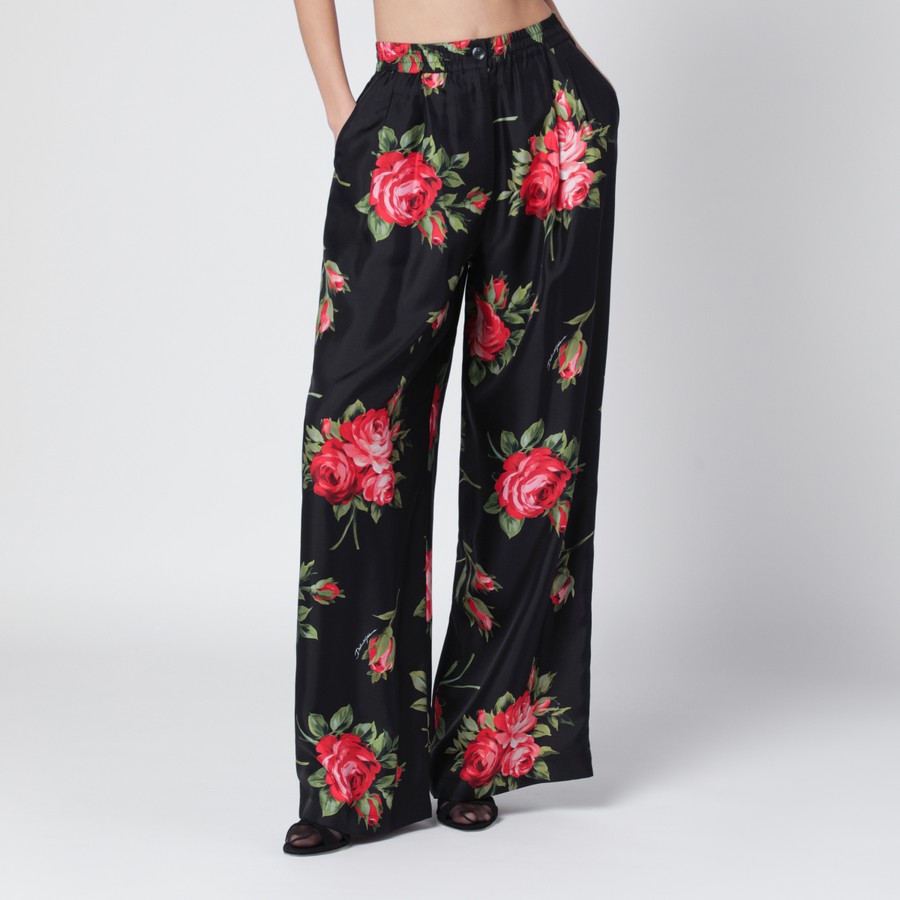 Dolce&Gabbana Wide twill trousers with rose bouquet print | TheDoubleF
