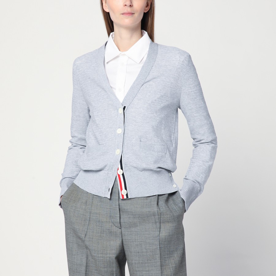 Thom Browne Light grey cardigan in cotton and silk | TheDoubleF
